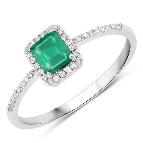 Emerald-0.60 Carat Genuine Zambian Emerald and White Diamond 14K White Gold Ring