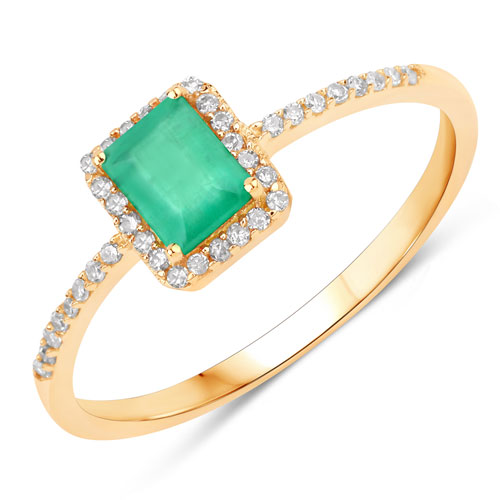 Emerald-0.60 Carat Genuine Zambian Emerald and White Diamond 14K Yellow Gold Ring