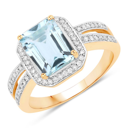 Rings-1.97 Carat Genuine Aquamarine and White Diamond 14K Yellow Gold Ring