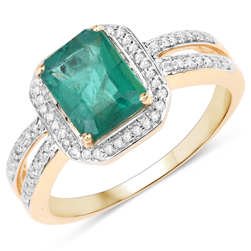 Emerald-2.42 Carat Genuine Zambian Emerald and White Diamond 14K Yellow Gold Ring