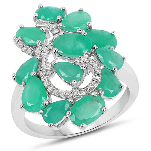 Emerald-3.57 Carat Genuine Emerald and White Diamond .925 Sterling Silver Ring