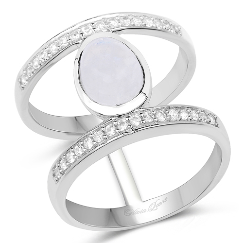 Rings-2.62 Carat Genuine White Rainbow Moonstone And White Topaz .925 Sterling Silver Ring