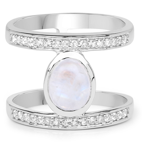 2.62 Carat Genuine White Rainbow Moonstone And White Topaz .925 Sterling Silver Ring