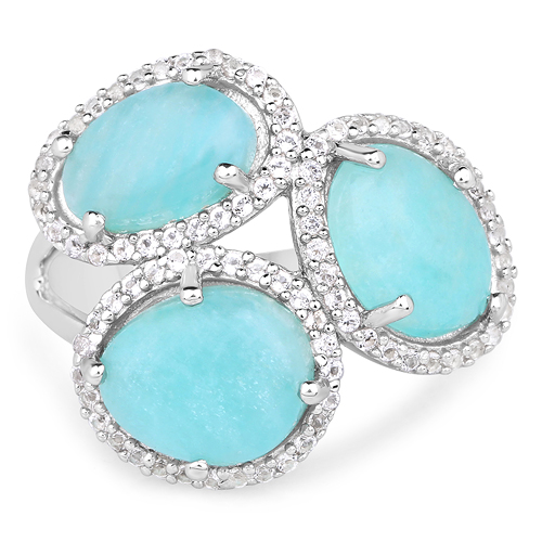 5.30 Carat Genuine Amazonite And White Topaz .925 Sterling Silver Ring