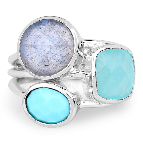 5.39 Carat Genuine Amazonite, Labradorite And Turquoise .925 Sterling Silver Ring
