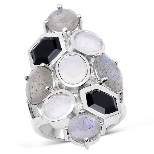 Rings-10.30 Carat Genuine White Rainbow Moonstone, Labradorite And Black Onyx .925 Sterling Silver Ring