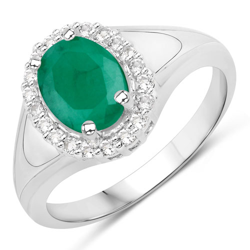 Emerald-1.55 Carat Genuine Emerald and White Topaz .925 Sterling Silver Ring