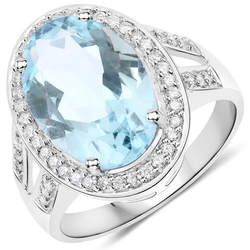 Rings-4.35 Carat Genuine Aquamarine and White Diamond 14K White Gold Ring
