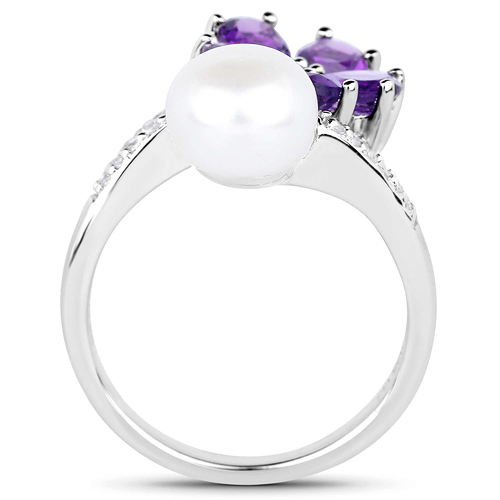 4.69 Carat Genuine Pearl, Amethyst and White Zircon .925 Sterling Silver Ring