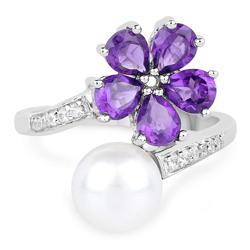 4.69 Carat Genuine Pearl, Amethyst and White Zircon .925 Sterling Silver Ring