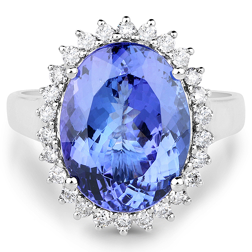 14K White Gold 7.31 Carat Genuine Tanzanite and White Diamond Ring