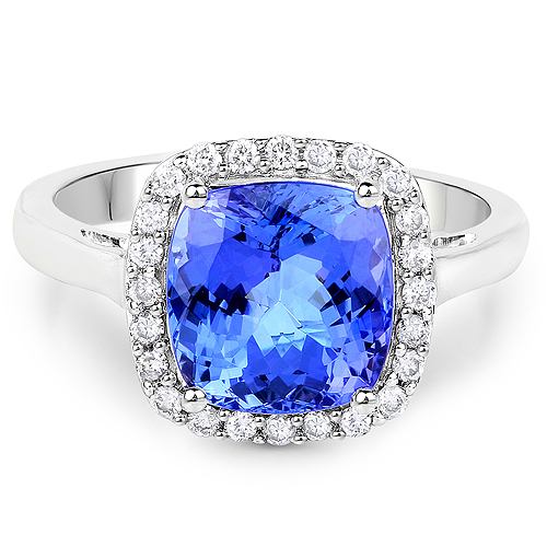 14K White Gold 3.88 Carat Genuine Tanzanite and White Diamond Ring