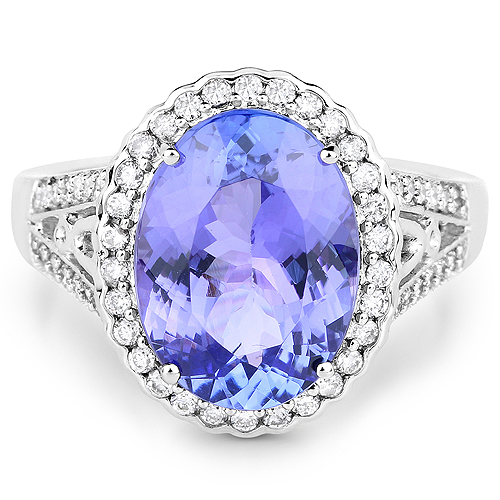 14K White Gold 5.31 Carat Genuine Tanzanite and White Diamond Ring