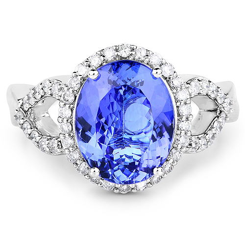 14K White Gold 4.61 Carat Genuine Tanzanite and White Diamond Ring