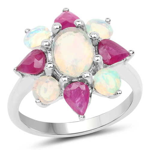 Opal-2.53 Carat Genuine Ethiopian Opal and Ruby .925 Sterling Silver Ring