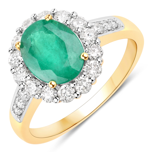 Emerald-2.35 Carat Genuine Zambian Emerald and White Diamond 18K Yellow Gold Ring