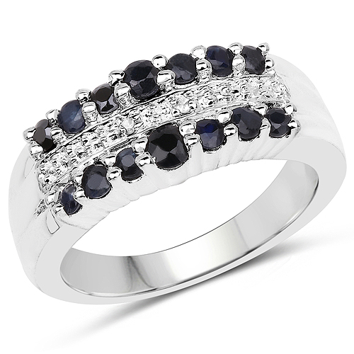 Sapphire-0.73 Carat Genuine Black Sapphire and White Topaz .925 Sterling Silver Ring