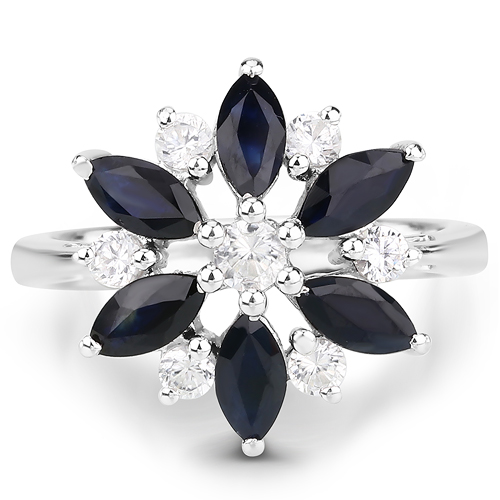 2.28 Carat Genuine Blue Sapphire and White Zircon .925 Sterling Silver Ring