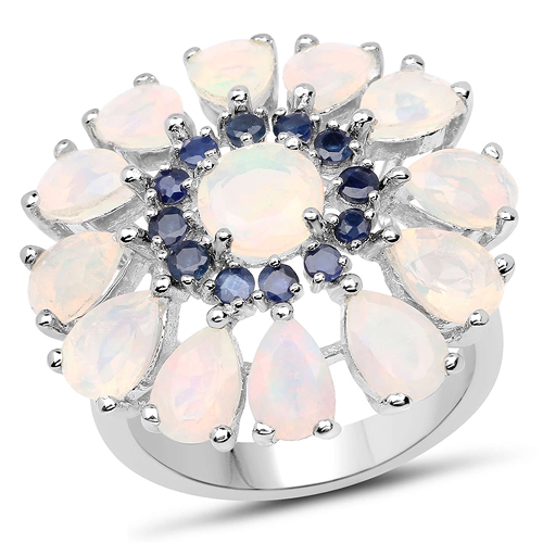 Opal-3.98 Carat Genuine Ethiopian Opal and Blue Sapphire .925 Sterling Silver Ring