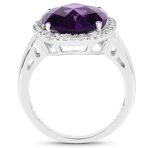 7.94 Carat Genuine Amethyst and White Diamond .925 Sterling Silver Ring