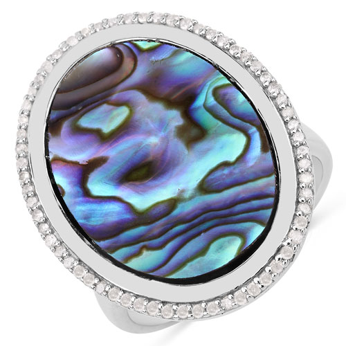 Rings-13.64 Carat Genuine Abalone and White Diamond .925 Sterling Silver Ring