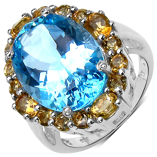 Rings-12.73 Carat Genuine Blue Topaz & Citrine .925 Sterling Silver Ring