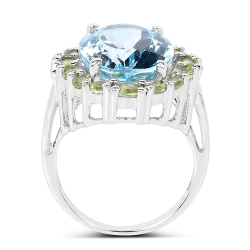 12.77 Carat Genuine Blue Topaz and Peridot .925 Sterling Silver Ring