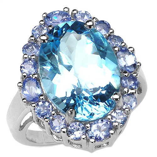 Rings-12.77 Carat Genuine Blue Topaz and Tanzanite .925 Sterling Silver Ring
