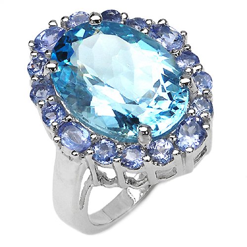 12.77 Carat Genuine Blue Topaz and Tanzanite .925 Sterling Silver Ring