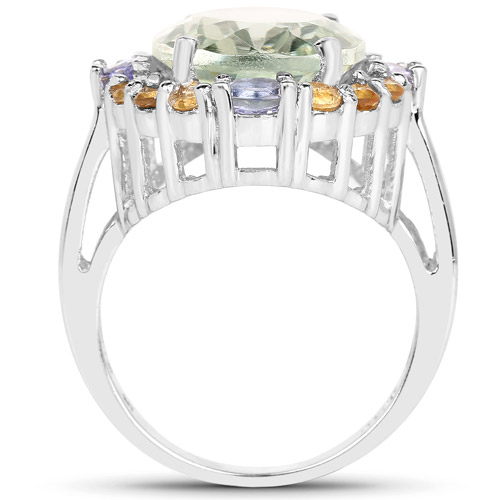 9.42 Carat Genuine Green Amethyst, Citrine and Tanzanite .925 Sterling Silver Ring