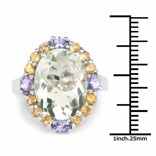 9.42 Carat Genuine Green Amethyst, Citrine and Tanzanite .925 Sterling Silver Ring