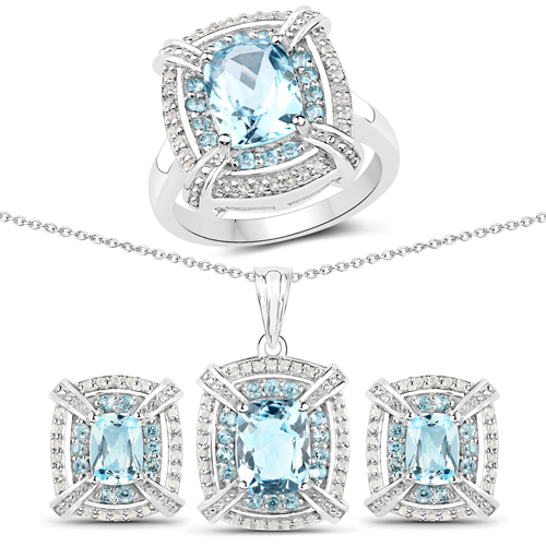 Jewelry Sets-8.68 Carat Genuine Blue Topaz and White Topaz .925 Sterling Silver 3 Piece Jewelry Set (Ring, Earrings, and Pendant w/ Chain)