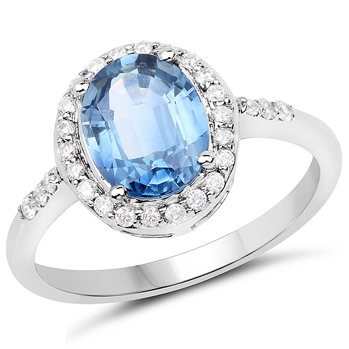 Sapphire-2.46 Carat Genuine Blue Sapphire and White Diamond 14K White Gold Ring