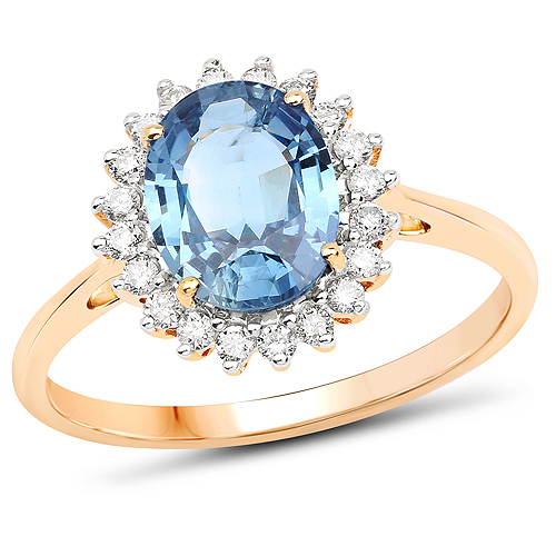 Sapphire-2.45 Carat Genuine Blue Sapphire and White Diamond 14K Yellow Gold Ring