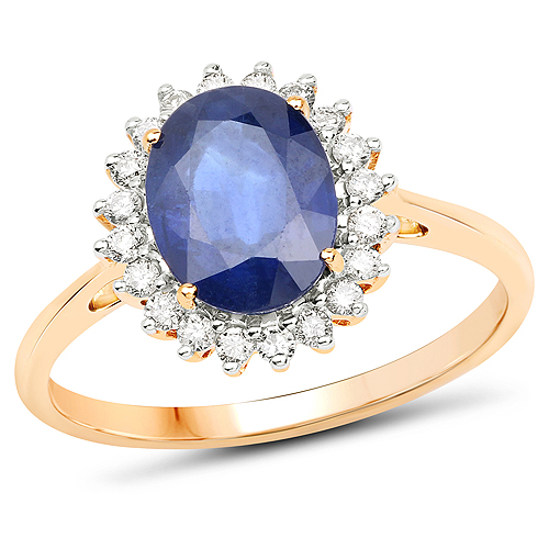 Sapphire-2.45 Carat Genuine Blue Sapphire and White Diamond 14K Yellow Gold Ring