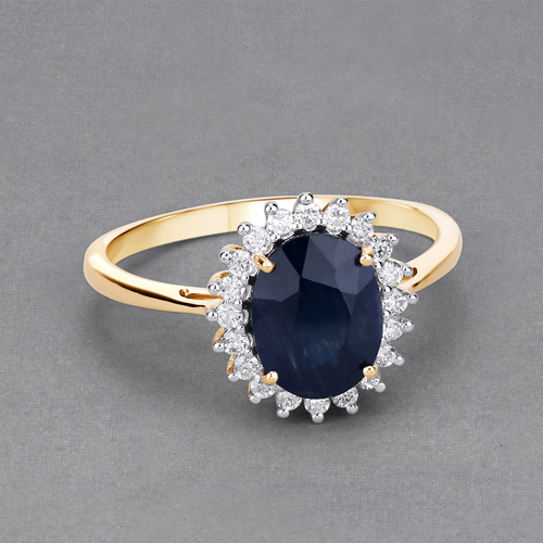 2.32 Carat Genuine Blue Sapphire and White Diamond 14K Yellow Gold Ring