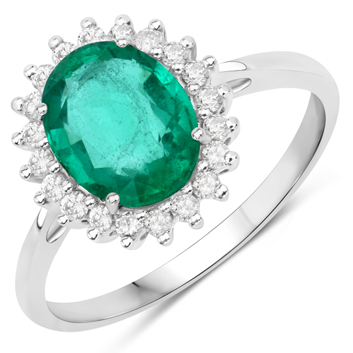 Emerald-1.87 Carat Genuine Zambian Emerald and White Diamond 14K White Gold Ring