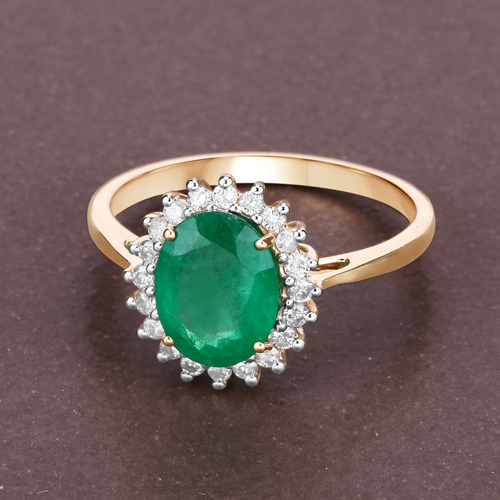 1.87 Carat Genuine Zambian Emerald and White Diamond 14K Yellow Gold Ring