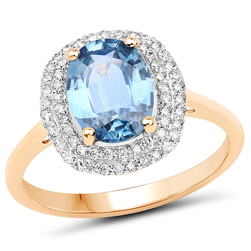 Sapphire-2.52 Carat Genuine Blue Sapphire and White Diamond 14K Yellow Gold Ring