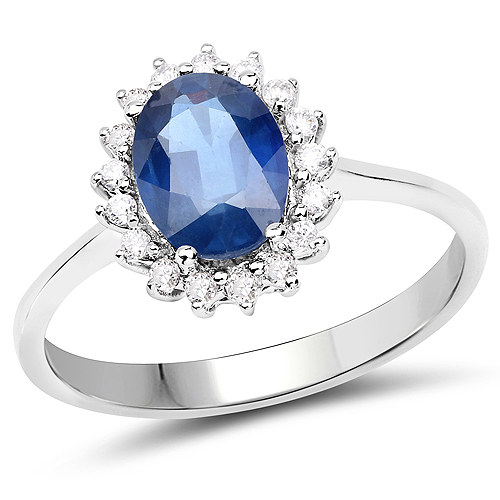 Sapphire-1.68 Carat Genuine Blue Sapphire and White Diamond 14K White Gold Ring