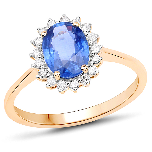 Sapphire-1.68 Carat Genuine Blue Sapphire and White Diamond 14K Yellow Gold Ring