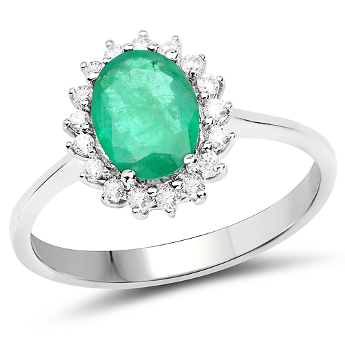Emerald-1.42 Carat Genuine Zambian Emerald and White Diamond 14K White Gold Ring