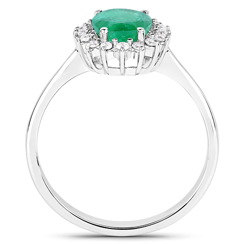 1.42 Carat Genuine Zambian Emerald and White Diamond 14K White Gold Ring