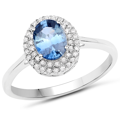 Sapphire-1.18 Carat Genuine Blue Sapphire and White Diamond 14K White Gold Ring