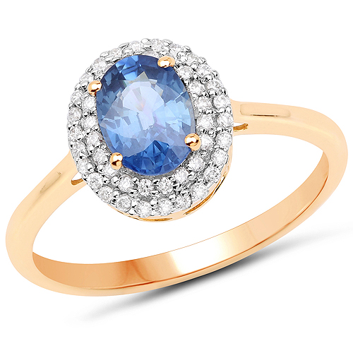 Sapphire-1.18 Carat Genuine Blue Sapphire and White Diamond 14K Yellow Gold Ring