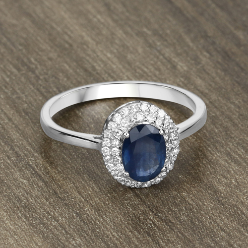 1.18 Carat Genuine Blue Sapphire and White Diamond 10K White Gold Ring