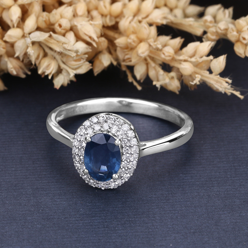 0.91 Carat Genuine Blue Sapphire and White Diamond 14K White Gold Ring
