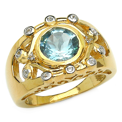 Rings-14K Yellow Gold Plated 3.42 Carat Genuine Blue Topaz & White Topaz .925 Sterling Silver Ring