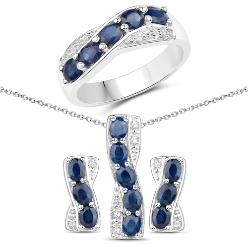 Sapphire-3.29 Carat Genuine Blue Sapphire and White Topaz .925 Sterling Silver 3 Piece Jewelry Set (Ring, Earrings, and Pendant w/ Chain)