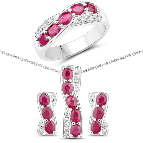 Ruby-3.62 Carat Genuine Ruby and White Topaz .925 Sterling Silver 3 Piece Jewelry Set (Ring, Earrings, and Pendant w/ Chain)